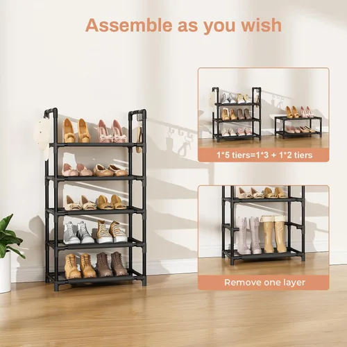 Vista 5 de LANTEFUL - Organizador de zapatos de 5 niveles, 12-15 pares, organizador de botas, estante resistente y estrecho para entrada, armarios con ganchos