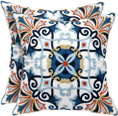 Vista 9 de Alysheer Juego de 2 fundas de almohada bordadas decorativas de verano de 18 x 18 pulgadas, funda de cojín de algodón con patrón de bordado de pájaro