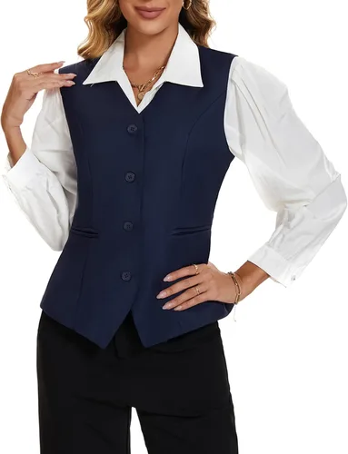 Vista 2 de MINTLIMIT Chaleco para mujer, totalmente forrado, con botones, cuello en V, formal, elegante, con bolsillos
