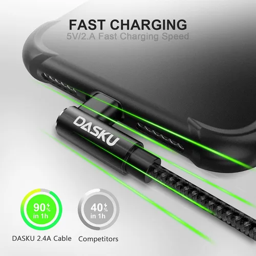 Vista 2 de Cargador corto para iPhone de 1 pie, 2 unidades [Certificado MFi], cable Lightning de 12 pulgadas de 90 grados, cable de carga de nailon trenzado
