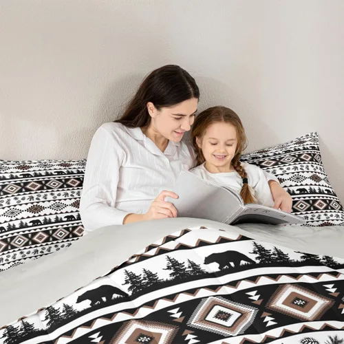 Vista 4 de Castle Fairy Juego de edredón con estampado azteca occidental, juego de ropa de cama geométrica a rayas marrones para niños y adolescentes