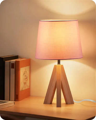 Vista 19 de Juego de 2 lámparas de mesa trípode pequeñas, lámpara moderna de mesita de noche con pantalla de tela, luz de escritorio de madera estilo bohemio
