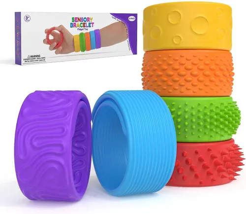 Vista 2 de Juguetes sensoriales para ansiedad, pulseras para niños, paquete de 6 con textura, para ansiedad, autismo, TDAH, juguetes sensoriales portátiles