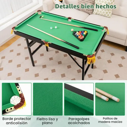 Vista 12 de GYMAX Mesa de billar, mesas de billar plegables de 48 pulgadas con bolas, 2 palillos de taco, tizas y cepillo, mini mesa de billar para niños Verde