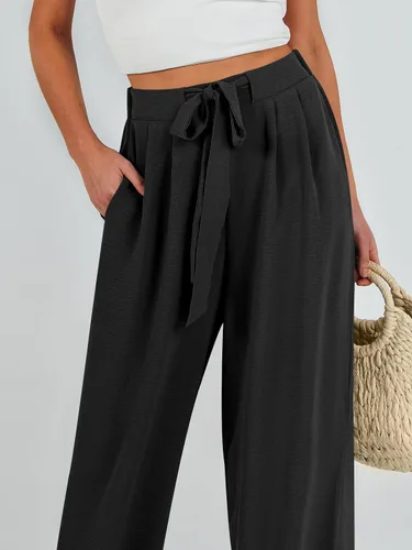 Vista 6 de Caracilia Pantalones palazzo de pierna ancha para mujer, de cintura alta, ajustables, con lazo, holgados, informales, con bolsillos