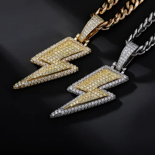 Vista 12 de JINAO Hip Hop - Colgante con diseño de rayo chapado en oro de 18 quilates con circonita cúbica con micropave de imitación de diamante para hombres
