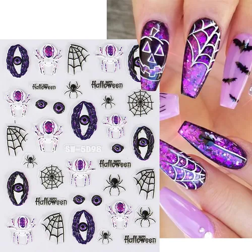 Vista 4 de 6 hojas de calcomanías de arte de uñas de Halloween, 5D estéreo, autoadhesivas, diseño de ojos holográficos, fantasma, llama, calabaza, día