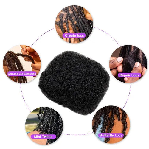 Vista 4 de Cabello humano afro ajustado a granel para extensiones de rastas, 100% cabello humano, 4.23 onzas, 4 paquetes de 10 pulgadas de largo, negro natural