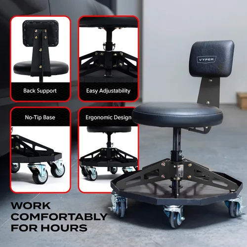 Vista 4 de Vyper - Silla de Taller de Acero Resistente para Mecánicos, Automotriz, Bricolaje - Taburete de Garaje con Capacidad de 300 lb, Respaldo y Ruedas