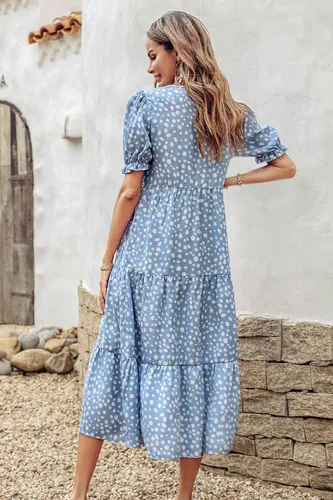 Vista 3 de PRETTYGARDEN - Vestido para mujer, estilo veraniego, bohemio y casual, con manga corta, estampado floral y volantes, fluido, largo por debajo