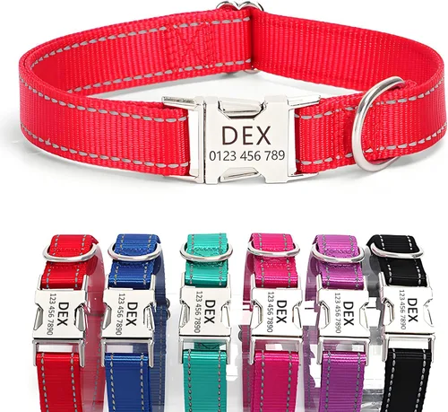 Vista 13 de Collar de perro de nailon reflectante personalizado con etiqueta de nombre Collares de perro con hebilla dorada grabados personalizados Collar