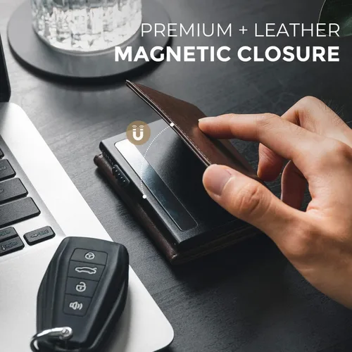 Vista 5 de VULKIT Cartera con tarjetero para hombre, con cierre magnético, bloqueo RFID, billetera de cuero triple, Espresso, Moderno