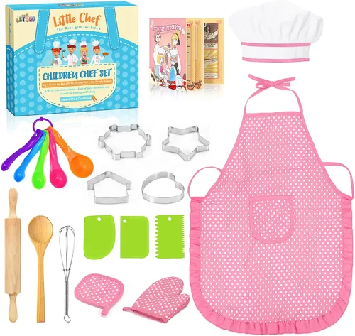 Vista 9 de Toyze Regalos para niñas de 3 a 8 años, juego de cocina para niños con delantal, sombrero de chef, libro de cocina, 20 unidades, color rosa