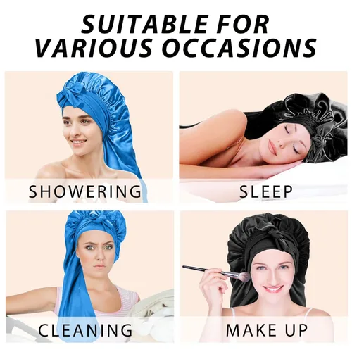Vista 8 de 2 Gorros para Mujeres Negras Gorro de Trenzas, Gorro de Satén Grande y Largo para Trenzas, Gorro de Seda con Banda de Amarre Elástica Extensible