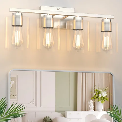 Vista 11 de Honesorn Lámparas de baño de 4 luces, luz de tocador de baño, color negro mate, accesorios de iluminación modernos con pantalla de vidrio