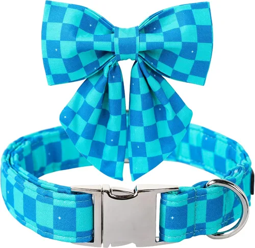 Vista 2 de Maca Bates - Collar de perro azul a cuadros con corbatín marinero con estampado de cuadrícula para cachorros, collar de cuadros ajustable, duradero