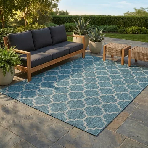 Vista 54 de Unique Loom Outdoor Trellis Collection Alfombra de Área (5' 1" x 8' Oval, Aguamarina/Gris)