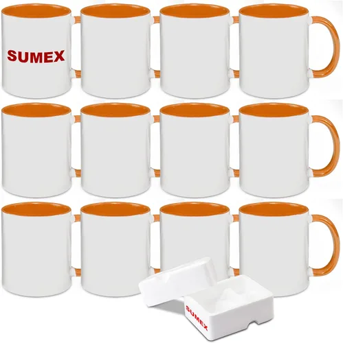 Vista 7 de Sumex Tazas de sublimación de 11 onzas, juego de 12 tazas de café de cerámica para té, leche, café con leche, interior azul y mango