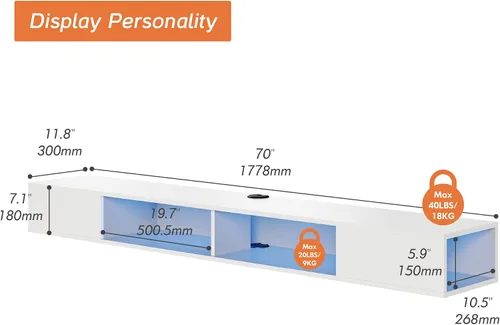 Vista 7 de WAMPAT Estante flotante de TV de 70 pulgadas con luz LED amarilla, soporte de TV flotante blanco montado en la pared con almacenamiento para TV