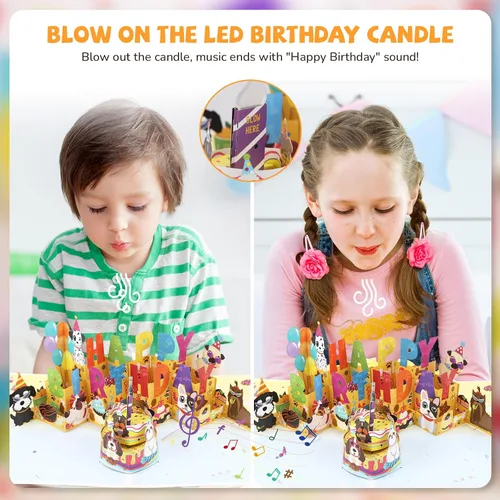 Vista 3 de Ecloverlife Tarjetas de cumpleaños musicales, tarjetas de cumpleaños de perro emergentes con luces, tarjetas de felicitación de velas inflables