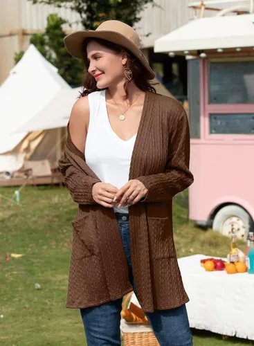 Vista 3 de BELAROI Cárdigan de punto trenzado con frente abierto para mujer, talla grande, manga larga, holgado, abrigo de otoño con bolsillos