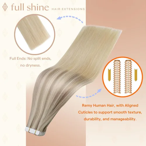 Vista 69 de Full Shine - Extensiones de cabello humano con cinta, mezcla de rubio hongo # 8 castaño ceniza resaltado 60 rubio ceniza