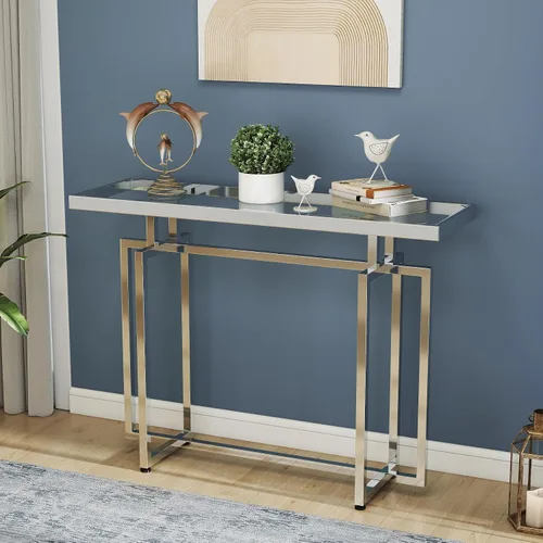 Vista 8 de ASYA Mesa consola de cristal para entrada, mesa de entrada moderna con vidrio templado y marco cromado, mesa de sofá plateada para sala de estar