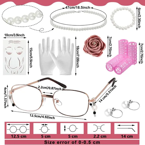 Vista 2 de 20 piezas de disfraz de anciana de Halloween para abuela, peluca de abuelita, vestido de tatuajes antiarrugas con rodillos, gafas de caña y collar