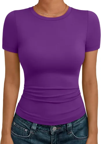 Vista 11 de AUTOMET - Camisetas básicas de manga corta para mujer, para verano, entrenamiento o gimnasio, con cuello redondo, ropa moderna estilo Y2K