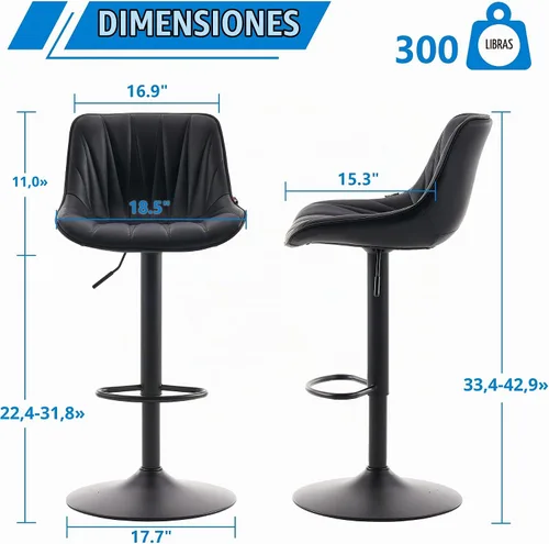 Vista 2 de YOUNIKE Juego de 2 taburetes de bar para isla de cocina, taburetes de bar altos giratorios negros, taburetes de bar ajustables con respaldo