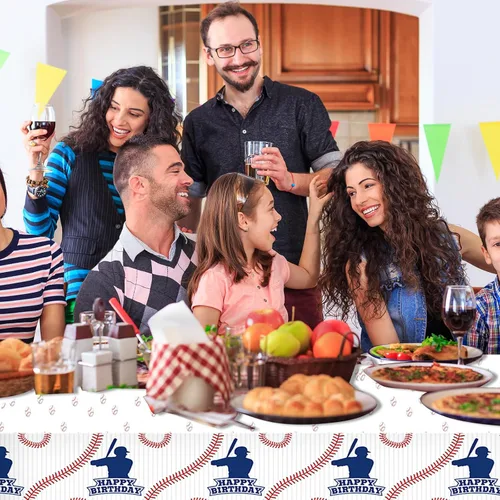 Vista 5 de Paquete de 2 manteles de béisbol de plástico de 54 x 108 pulgadas, decoraciones de fiesta de béisbol, mantel desechable rectangular para mesa