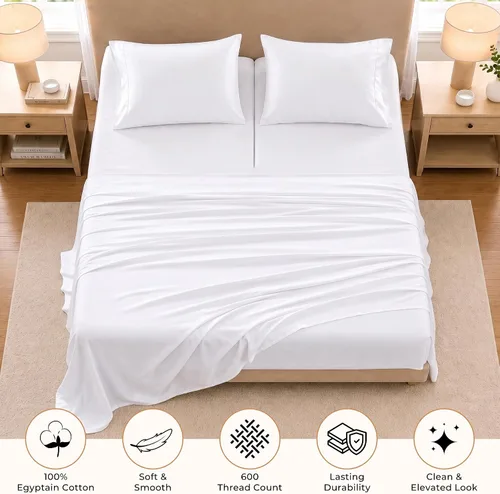 Vista 6 de SGI bedding Sábana Queen de 28 pulgadas con cabecera flexible y parte superior dividida, 100% algodón egipcio - 600 número de hilos, sábanas de 01