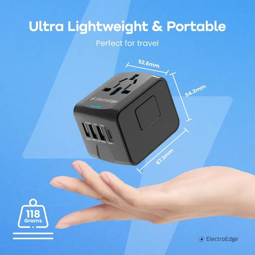 Vista 6 de Adaptador de viaje universal con puerto 3USBA + 1USBC, adaptador de viaje mundial todo en 1 Adaptador de enchufe europeo a Reino Unido Adaptador