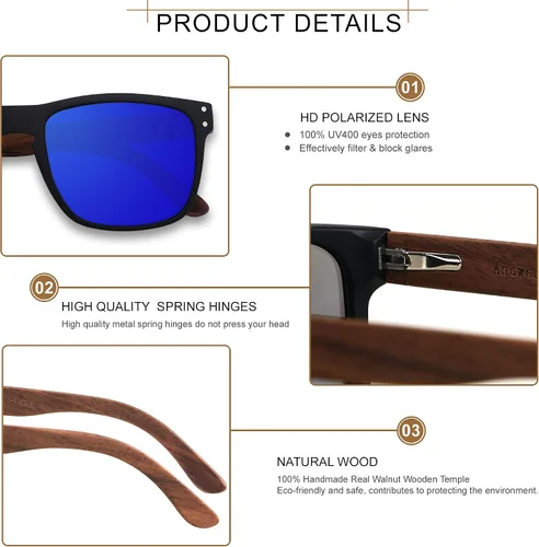 Vista 4 de ANDWOOD Gafas de sol polarizadas para hombre, protección UV, marco de madera, gafas de sol cuadradas de madera