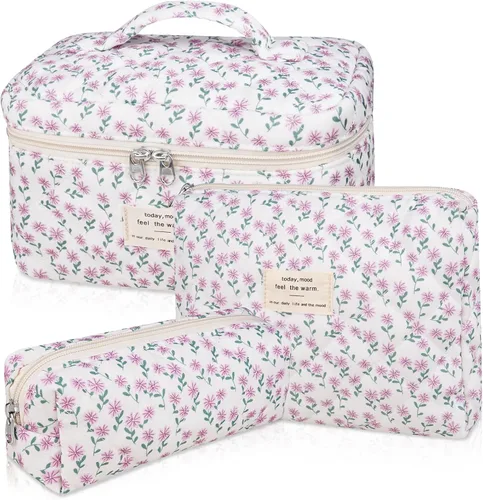 Vista 14 de Juego de bolsas de maquillaje, bolsa de maquillaje acolchada, bolsa grande para cosméticos florales para mujer, bonitas bolsas de maquillaje