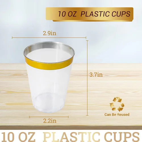 Vista 2 de 100 vasos de plástico dorados, vasos de plástico desechables de 10 onzas para fiestas, vasos desechables de plástico duro con borde dorado