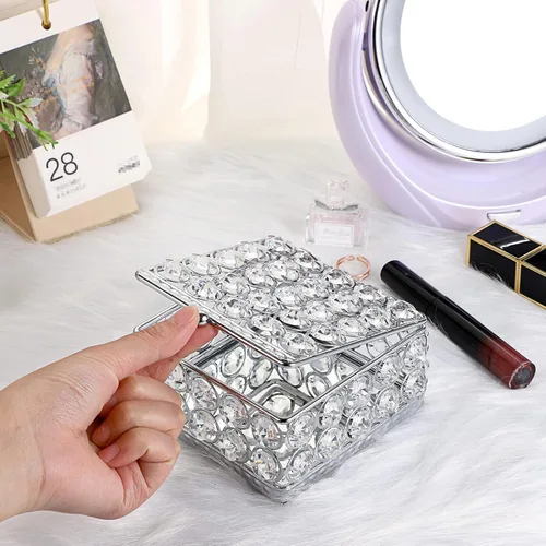 Vista 5 de ELLDOO Joyero de cristal plateado cuadrado organizador de joyas para aretes, anillos, caja del tesoro, caja de almacenamiento de recuerdos con tapa