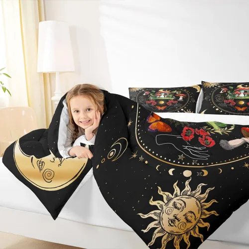 Vista 3 de Juego de edredón de champiñones para niños, tamaño individual, juego de ropa de cama romántica con sol, luna, cielo estrellado y galaxia, decoración