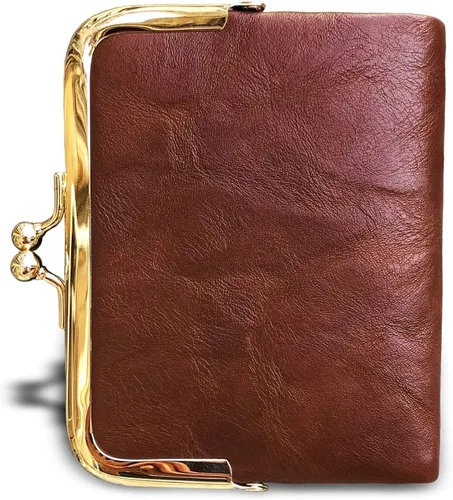 Vista 3 de AOXONEL Cartera pequeña Rfid para mujer, compacta, plegable, de cuero, vintage, con cremallera y cierre de beso, Vintage