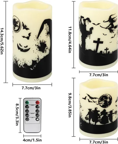Vista 3 de fclayvts Paquete de 12 Velas de Pilar LED Sin Llama de Halloween - Funcionan con Baterías con Control Remoto y Temporizador, Luz Cálida Parpadeante