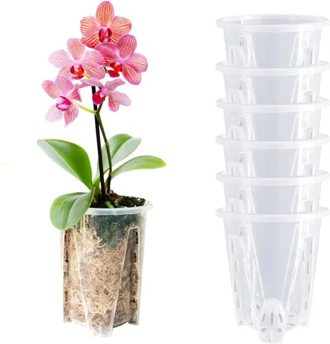 Vista 7 de Juego de 6 macetas de orquídea de 14 cm, macetas de orquídea para trasplante, macetas de orquídea transparentes de plástico con agujeros, maceta