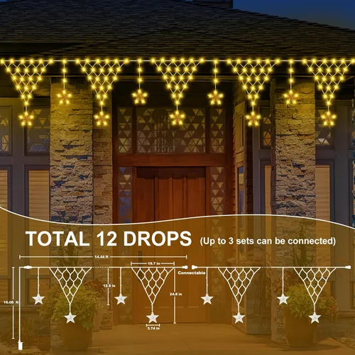 Vista 2 de Guirnalda de luces de Navidad para exteriores, impermeable, 218 LED de 13.8 ft, cortina de luces de hadas con 12 gotas conectables, alambre