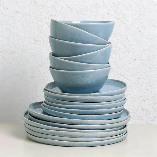 Vista 2 de Farrar 18 Piece Water Ripple Design Stoneware Dinnerware Sets，service For 6, Blue Beige