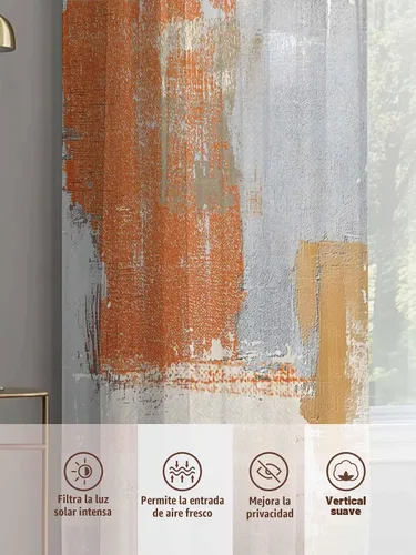 Vista 7 de Cortinas traslúcidas naranjas de 63 pulgadas de largo, juego de 2 paneles de cortinas de cocina naranja y gris, cortinas semitransparentes