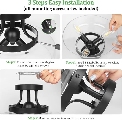Vista 6 de Lámpara de techo industrial moderna semiempotrada con pantalla de vidrio transparente, lámpara de techo negra de 3 bombillas para cocina