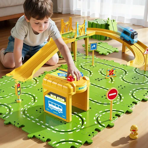 Vista 6 de Juego de pista de carreras de rompecabezas grande de 2 niveles para niños de 3 a 5 años, juego de pistas de rompecabezas, juguetes de pistas