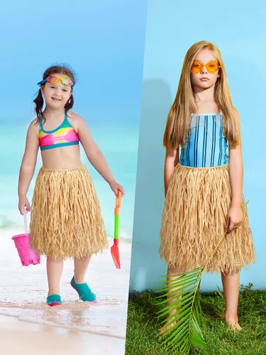 Vista 5 de Liliful Minifalda de rafia natural para niños, falda larga de hula hawaiana, falda de playa para disfraz de Halloween, fiesta de Luau