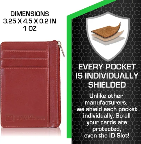 Vista 2 de ID STRONGHOLD - Cartera con bolsillo frontal RFID, mini, minimalista, delgada, de piel auténtica con cremallera, Rojo