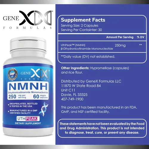 Vista 2 de Genex Formulas 250 mg NMNH (60 cápsulas - 30 porciones) Uthpeak NMNH (mononucleótido de dihidronicinamida) NAD+ precursor para un envejecimiento