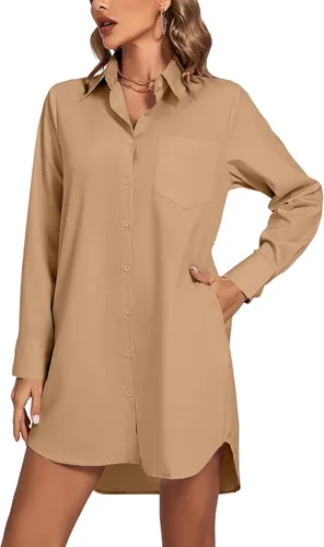 Vista 26 de LYANER Vestido camisero para mujer con cuello en V, botones, manga larga y dobladillo curvado